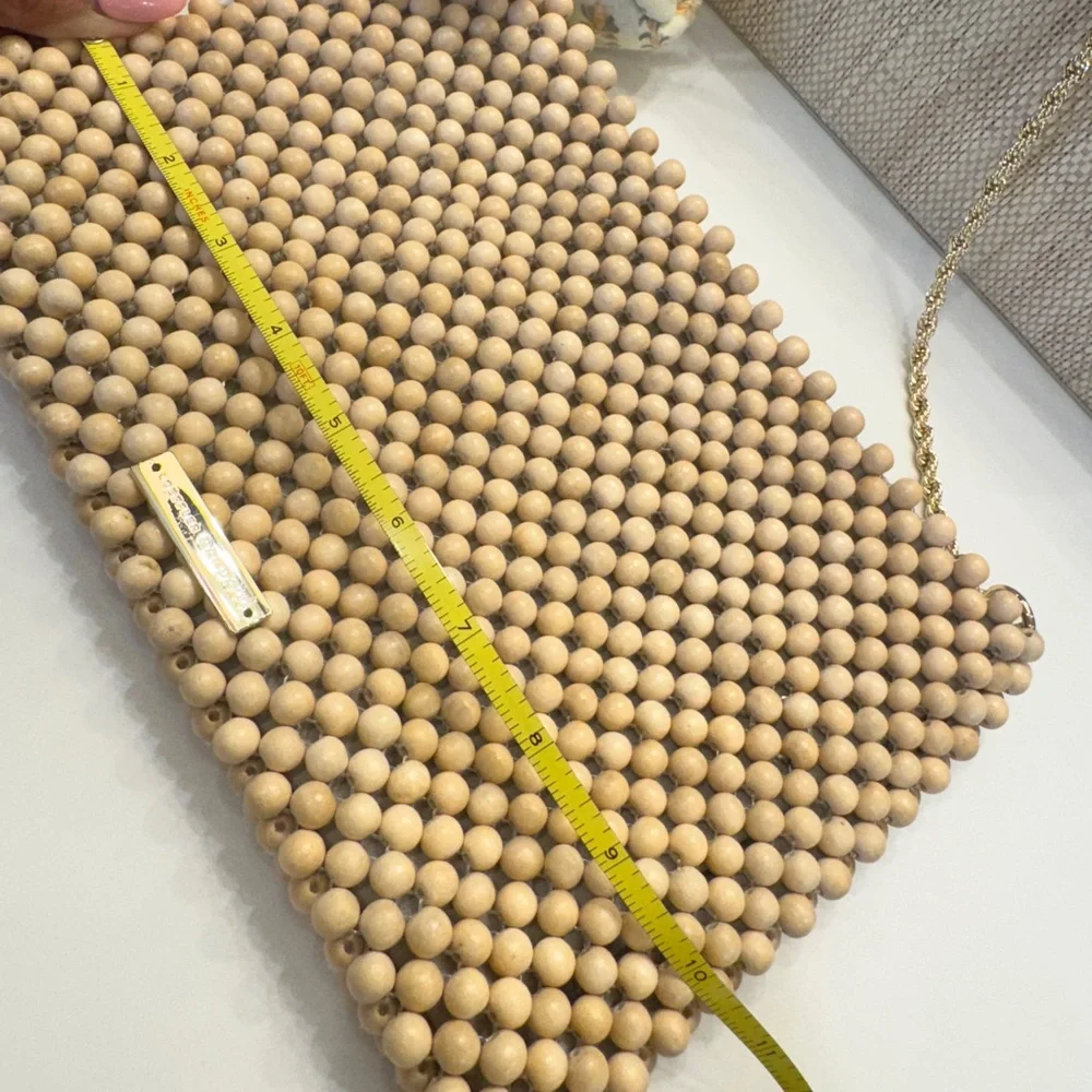 Loeffler Randall Beaded Clutch in Beige with Gold Chain